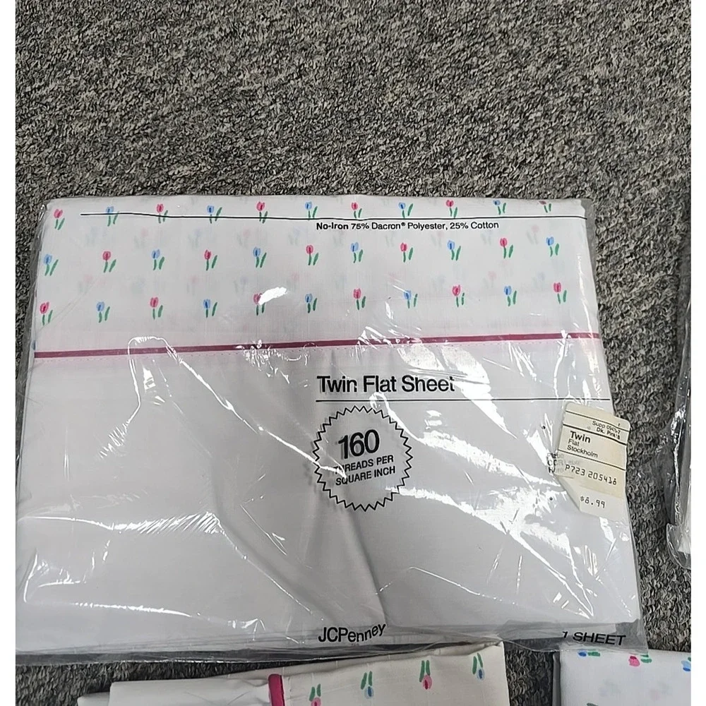 Lot of‎ 5 Vintage JC Penney Stockholm White Tulips No-Iron Twin Flat Sheet Set